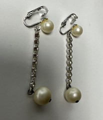 Marvella Silver tone w/ Faux Pearls 7 Rhinestones Dangle Drop Clip Earrings