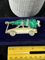 AJC Large Christmas Brooch Bringing Home the Tree with Car Gold Tone and Enamel