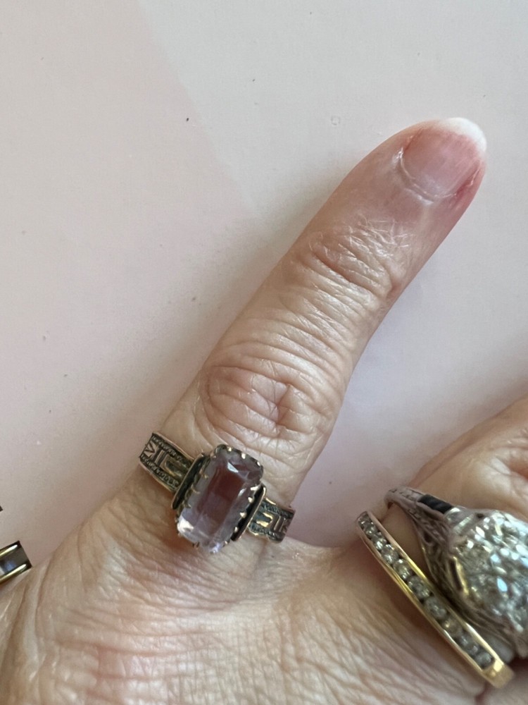 Fabulous old antique lavender stone yellow rose gold etched ring