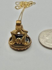 Antique Victorian Watch Fob Seal Charm Blue Bulls Eye Agate Pendant Necklace 18”
