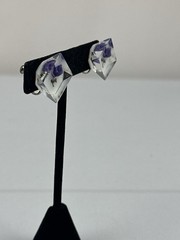 Beautiful Diamond Shaped Purple Flower Reverse Carved Lucite Screw Back Earrings