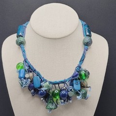 Eclectic Artsy Artisan Braided Cotton Mixed Material Beaded Vintage Necklace