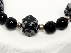 Vintage Black and Snowflake Round & Hexagonal Barrel Obsidian Bead Bracelet