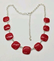 Red Enamel Square Link Necklace Silver tone Art Deco Collar Vintage 21 in