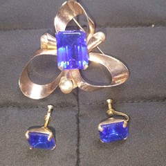 Vintage Brooch & Earrings – Silver Vermeil / Gold Wash, Cobalt Glass – Rare!