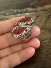 Marcasite Sterlling Silver Chunky Double Stone Garnet Ring Size 8