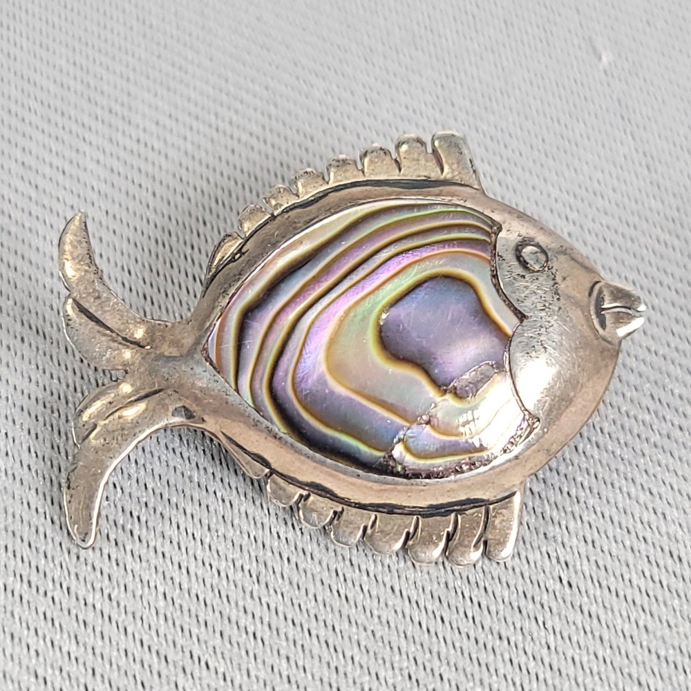 Taxco Mexico 925 Sterling Silver Abalone Shell Fish Brooch Pin Vintage Nautical