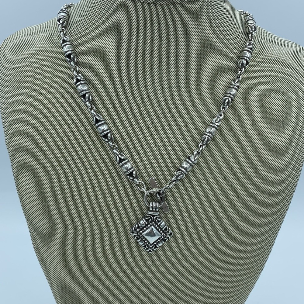 BRIGHTON Vintage Silver Necklace With Square Drop And Elegant Barrel Motif