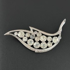 Vintage Silver Tone Rhinestone Leaf Brooch Pin Mid Century Modern MCM Jewelry