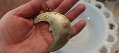 Crescent Moon w face, Unique Pendant, hand tooled, Whimsigoth Celestial Jewelry