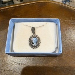 Vintage HAN Sterling Silver Marcasite Blue Mother of Pearl Cameo Necklace