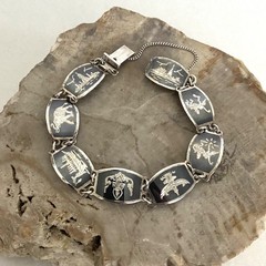 Signed SIAM Thai Sterling Silver 925 Black Niello Garuda Panel Bracelet 6.75″