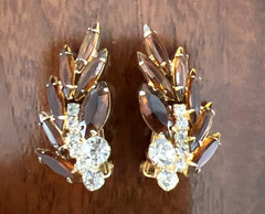 VINTAGE JULIANA DELIZZA & ELSTER AMBER and CLEAR RHINESTONE EARRINGS