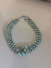 Vintage Triple Strand Faux Pearl Necklace Aqua Blue Beaded 50s Japan