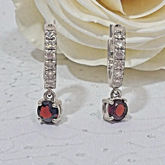 Vintage Sparkling 925 Sterling Silver Red & White CZ Hoop Dangle Charm Earrings
