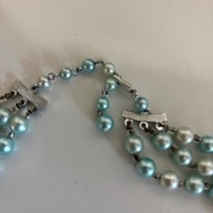 Vintage Triple Strand Faux Pearl Necklace Aqua Blue Beaded 50s Japan