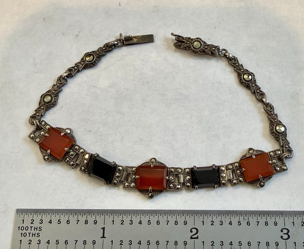 Antique Art Deco 935 Sterling Silver Germany Carnelian Onyx Bracelet Marcasite