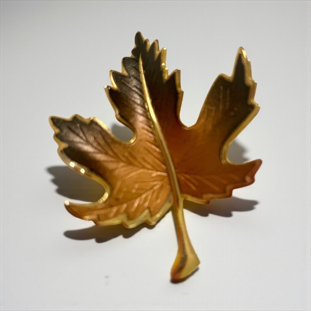 Maple Leaf-Shaped Gold Tone and Brown Metal Brooch Pin Vintage Pin