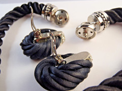 Vintage Twisted Black Cord Push Snap Lock Choker and Clip on Earring Set