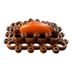 Vintage Soviet Modernist Brooch, Baltic Amber & Geometric Wood Lattice, Mid-Cent