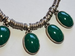 Vintage Old Pawn Necklace w 1″ Green Stones, Hand Made Coin Silver Settings 18″