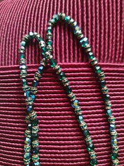 Vintage Les Bernard 2 Strand Iridescent Blue-Green Glass Bead Necklace 24 inch