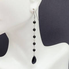 Black Onyx Bead Shoulder Duster Long Linear Silver Tone Pierced Hook Earrings