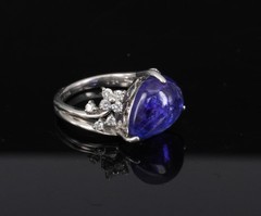 Estate 6.85ct Cabochon Cut Tanzanite & 0.24ct Diamond Platinum Ring Size 5.75