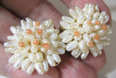Vintage Rice Pearl Cluster Hand Strung Earrings Clip On Coral Bead Floral Clip