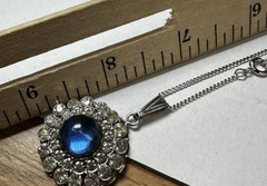 Vintage Necklace Karu Blue Glass Cabochon Pendant Clear Chain