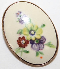 Vintage Dainty Porcelain Hand Painted Pin Oval Brooch / Pendant Flowers 1 in