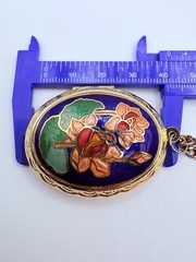 Vintage Longla Cloisonne Enamel Lotus Flower Locket Watch Pendant Art Deco Style