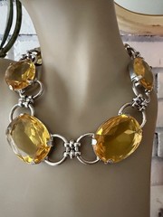 GRAZIANO SIGNED FAUX CITRINE LUCITE LARGE SILVER TONE NECKLACE 21″ STATEMENT