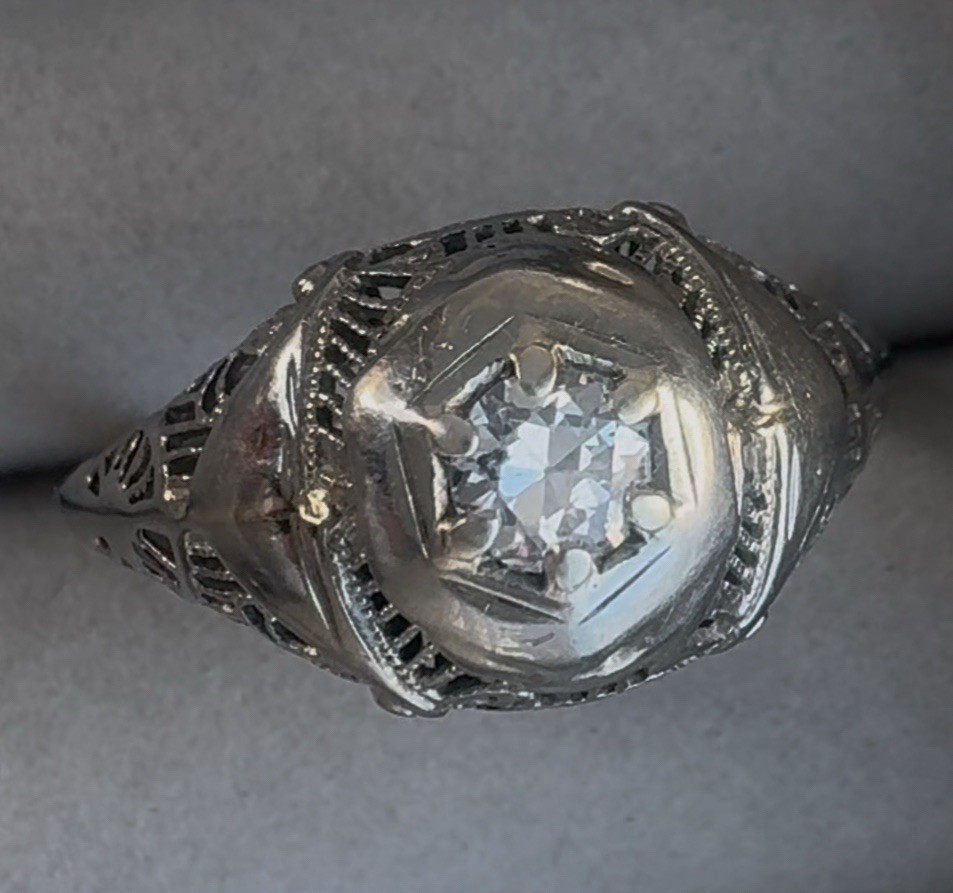 Ring-Antique, Art Deco, White Gold, Diamond, Old Mine Cut, Vintage Filigree