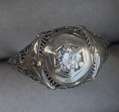 Ring-Antique, Art Deco, White Gold, Diamond, Old Mine Cut, Vintage Filigree