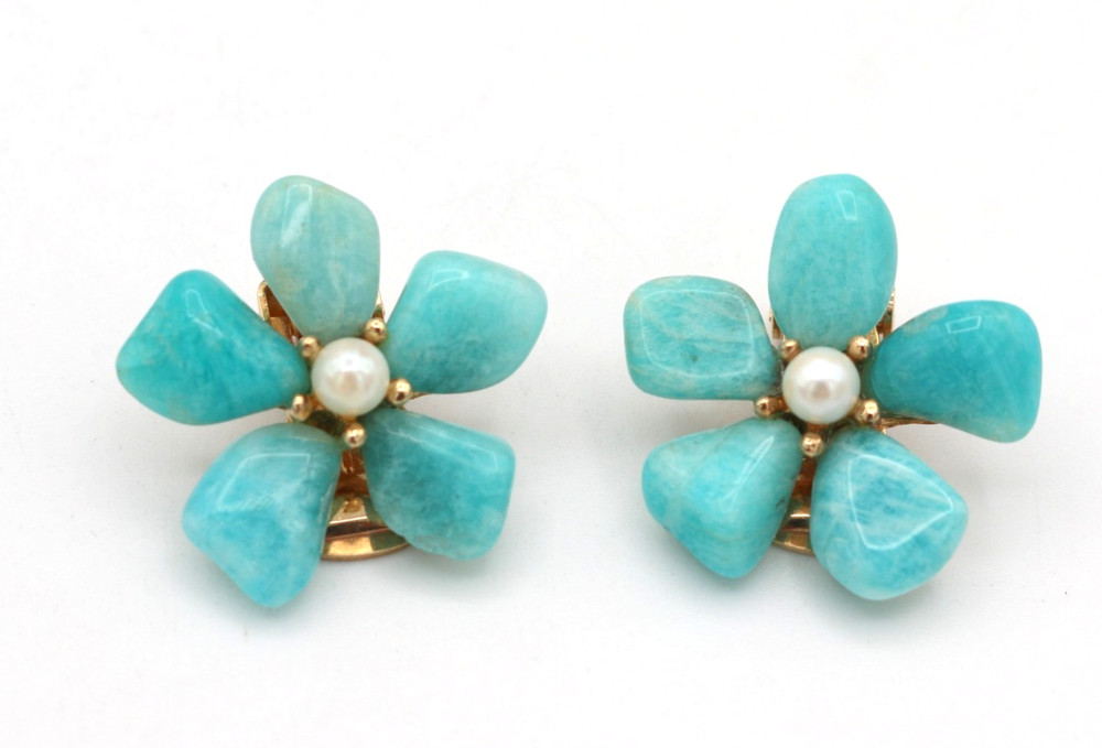 Vintage Swoboda Turquoise & Pearl GoldTone Flower Clip On Earrings