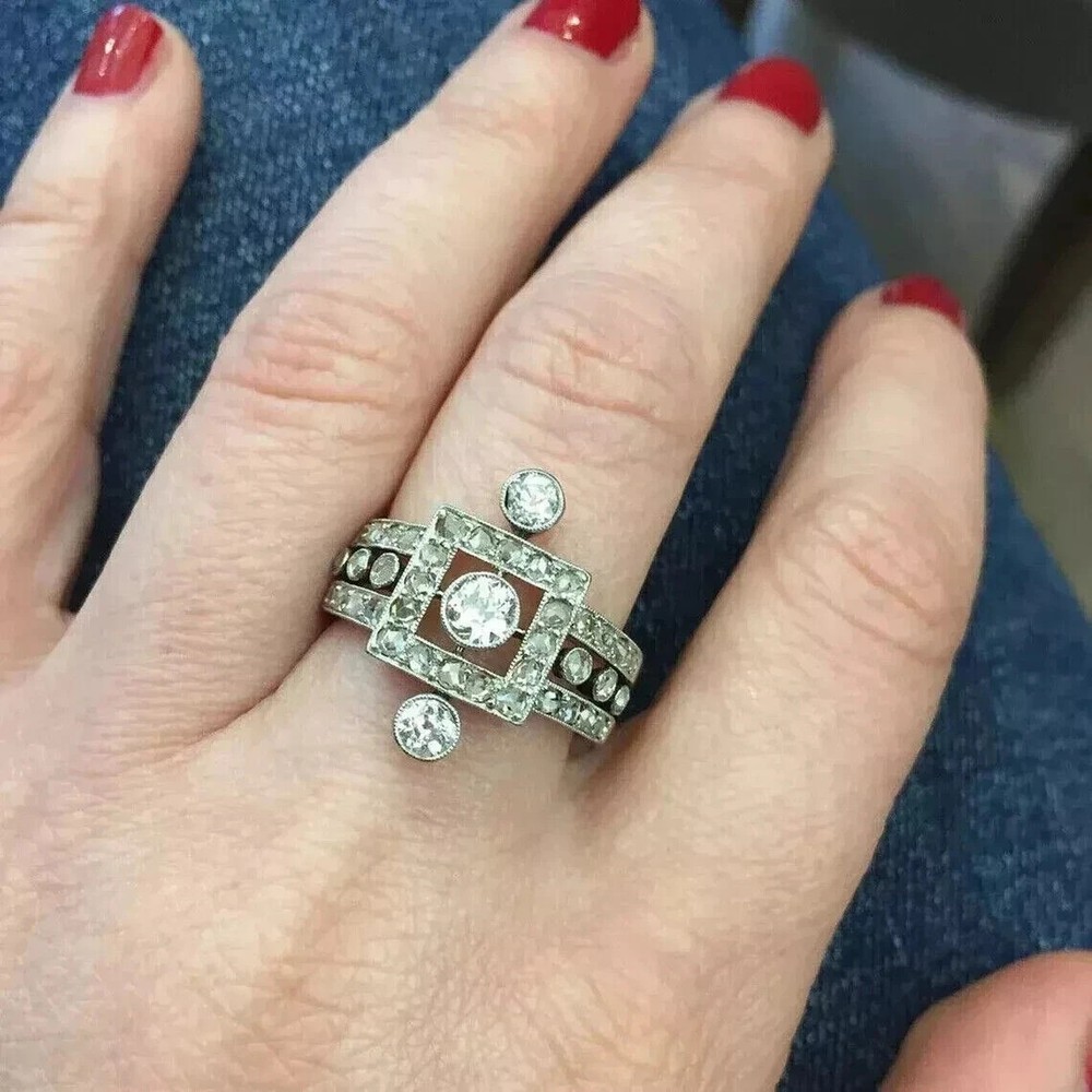 Vintage Art Deco Lab Created Diamond 1910s Style Engagement 14K Gold Finish Ring