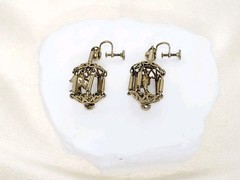 Pair Vintage Gold Tone Dangle Screw-Back Bird Cage Earrings
