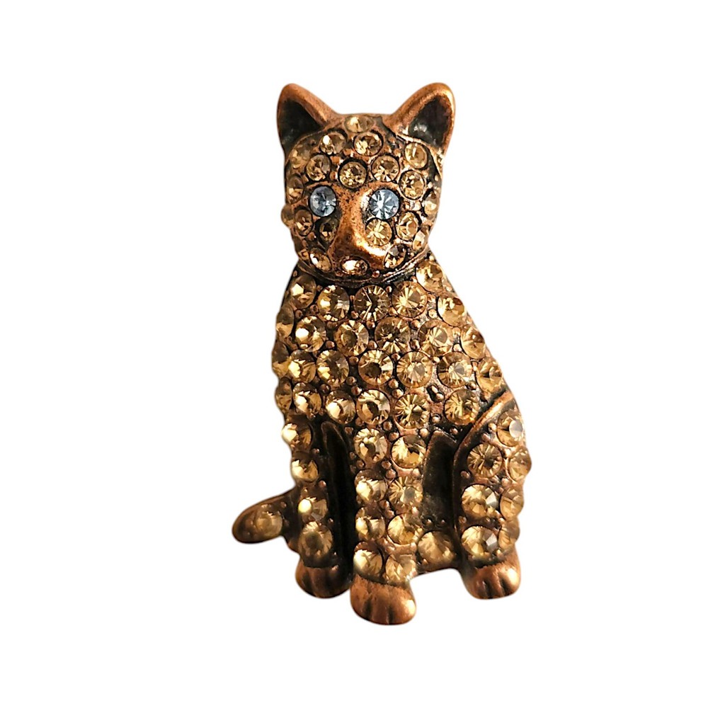 Vintage Gold Orange Tone Cat Pin Brooch Rhinestones 1 .5 Inches