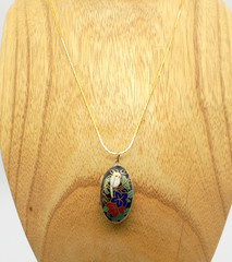 Vintage Cloisonne Pendant Locket Necklace Enamel Bird Leaf Black White Red