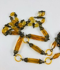 Antique Czechoslovakia Max Neiger Amber Brown Long Dangle Necklace Glass Links