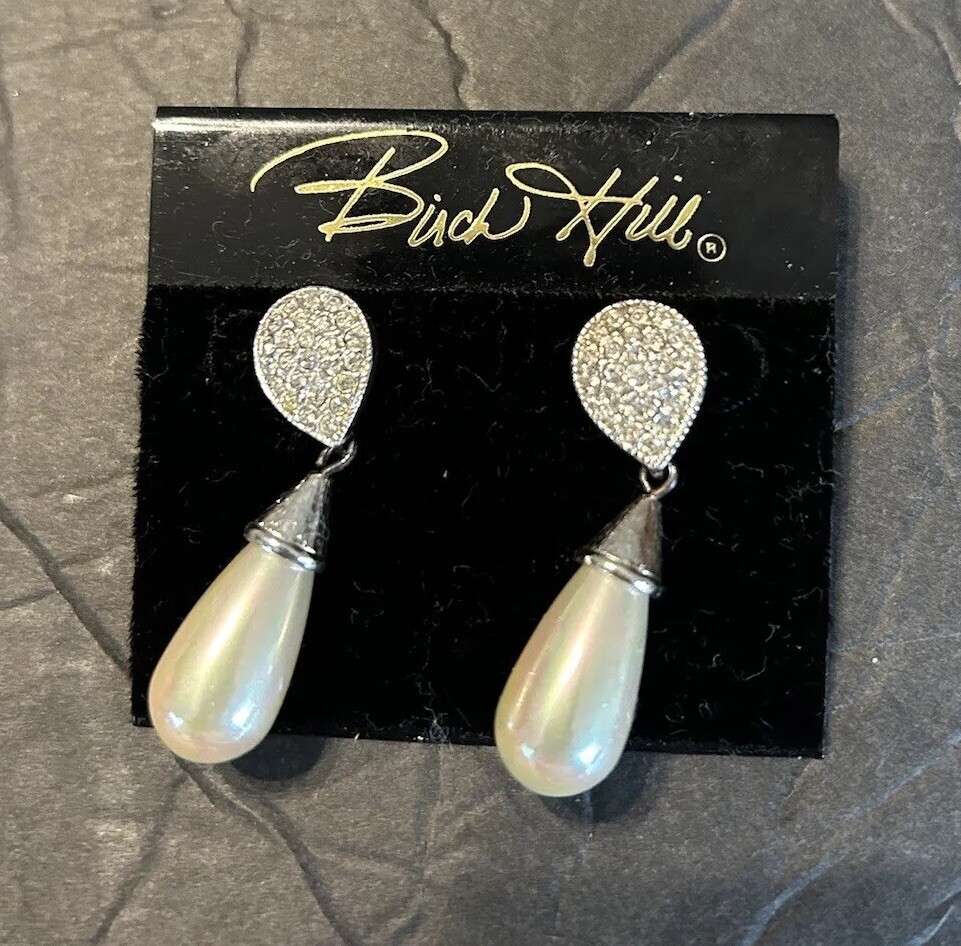 Vintage Birch Hill Drop Dangle Pierced Earrings Faux Pearl Rhinestones New