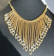 VTG Navette Bibb Necklace Gold Tone Statement AB Glass Graduated Reversible 1950