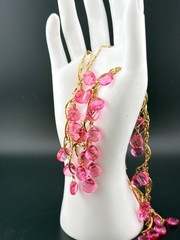 Nolan Miller Long Necklace Vtg Gold Tone Pink Faceted Acrylic/Resin Bead Signed