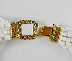 Vintage White Multi Strand Necklace Silver & Gold Spacers Ornate Clasp
