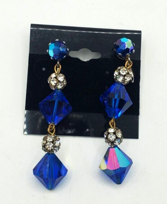Vintage Long Drop Blue Crystal Clip Earings 1960’s