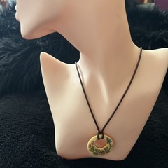 Vintage Engraved/Painted Pendant Strung On 24” Leather Cord-2Wood Beads on Ends