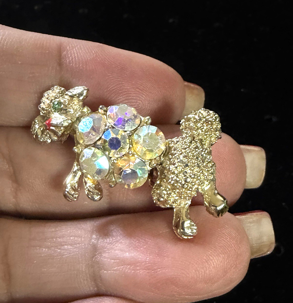 Vintage AB Aurora Borealis Rhinestone Green Eyed Poodle Gold Tone Dog Brooch Pin