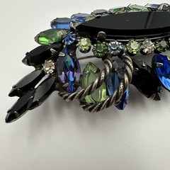Vintage Rhinestone Brooch Blue Green Black Navette Cabochon Layered Statement