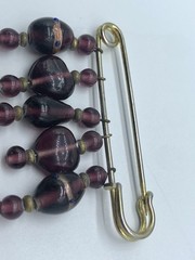 Vintage Charm Holder Safety Pin Brooch Dangling Purple Beaded Hearts Cupid Angel